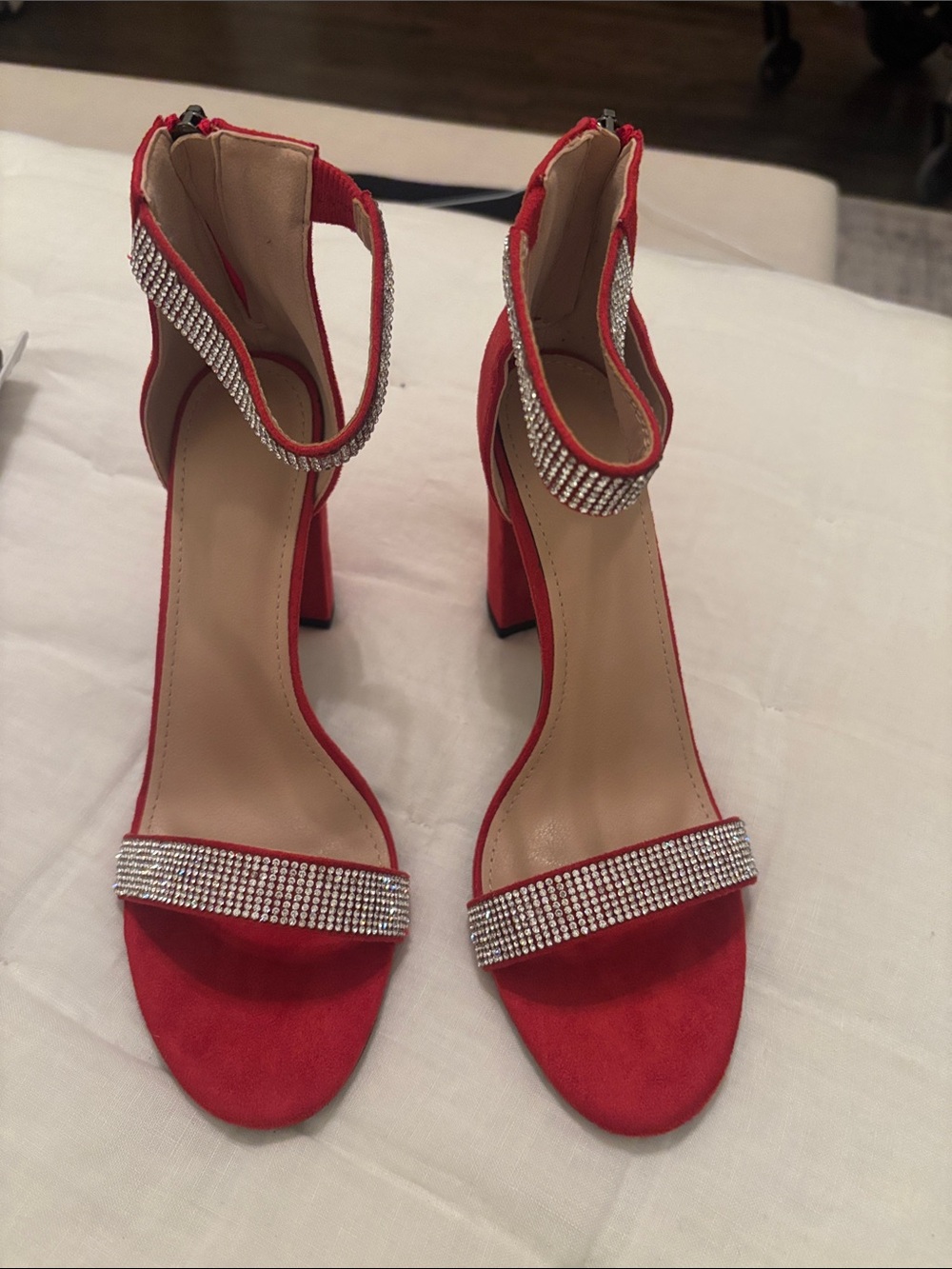 Red Rhinestone Ankle-Strap Block Heel Sandals